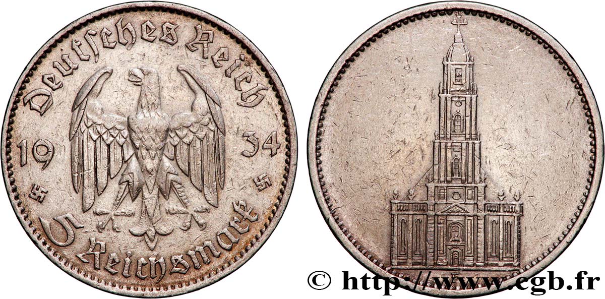 GERMANIA 5 Reichsmark église de la garnison de Potsdam 1934 Stuttgart BB 