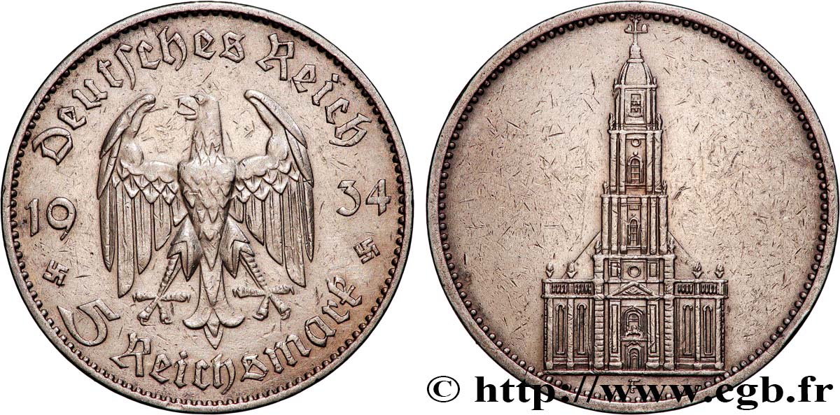 ALEMANIA 5 Reichsmark église de la garnison de Potsdam 1934 Stuttgart MBC 