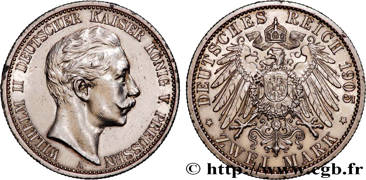 GERMANY - PRUSSIA 2 Mark Guillaume II  1905 Berlin AU 