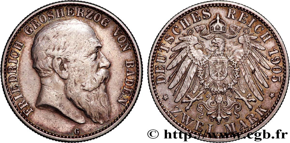 GERMANY - GRAND DUCHY OF BADEN - FREDERICK I 2 Mark  1905 Karlsruhe XF 