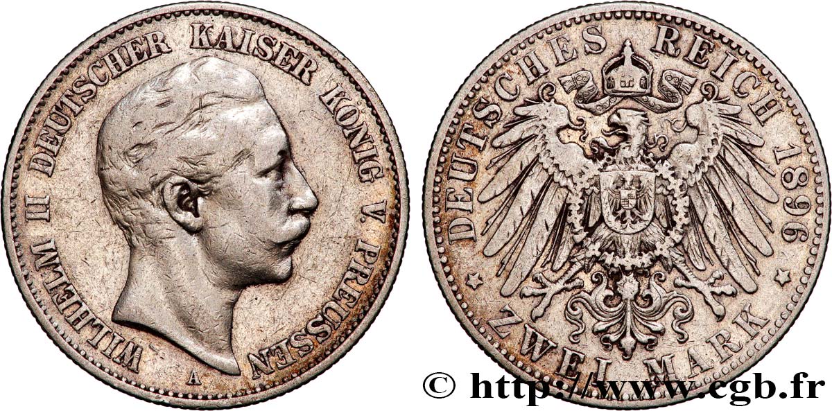 GERMANY - PRUSSIA 2 Mark Guillaume II 1896 Berlin XF 