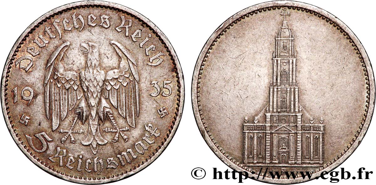 GERMANIA 5 Reichsmark église de la garnison de Potsdam 1935 Berlin BB 