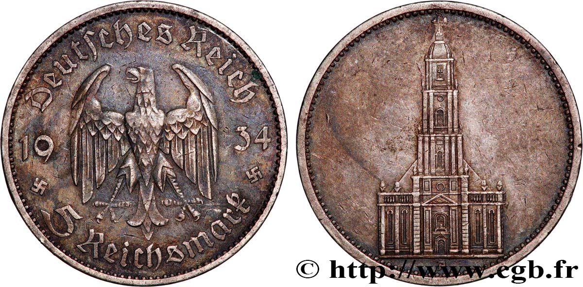 ALLEMAGNE 5 Reichsmark Église de la garnison de Potsdam 1934 Berlin TTB 