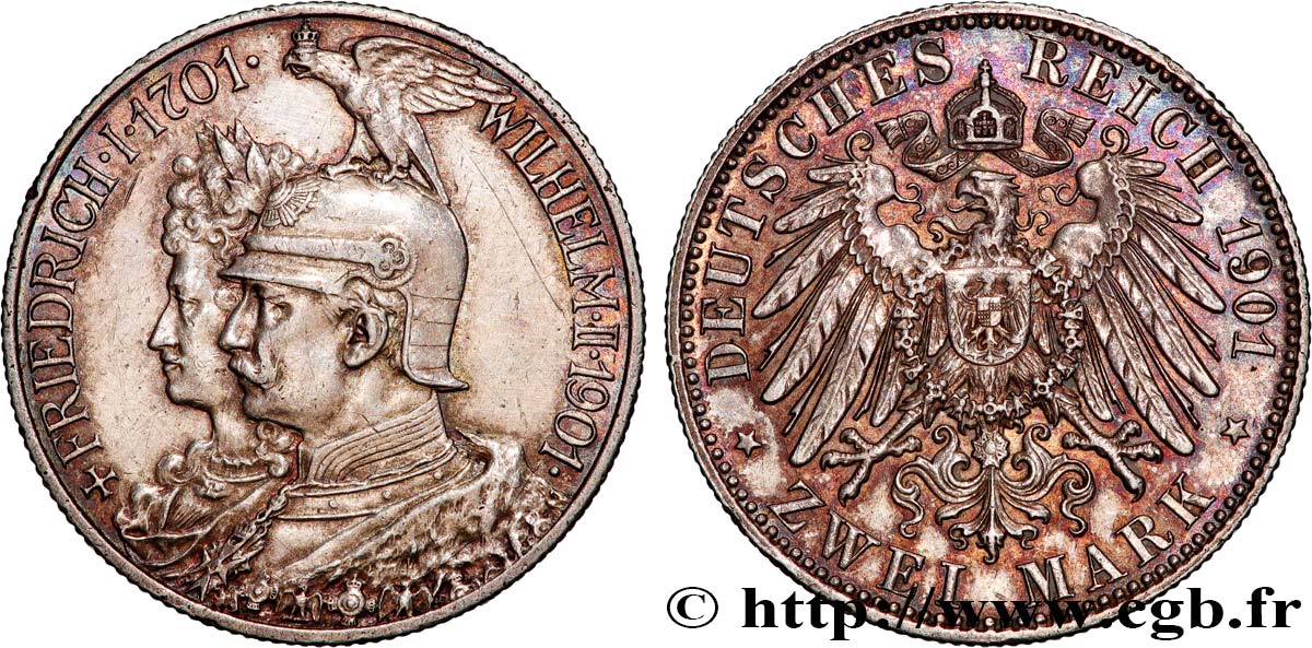 DEUTSCHLAND - PREUßEN 2 Mark Guillaume II 200e anniversaire de la Prusse 1901 Berlin fVZ 