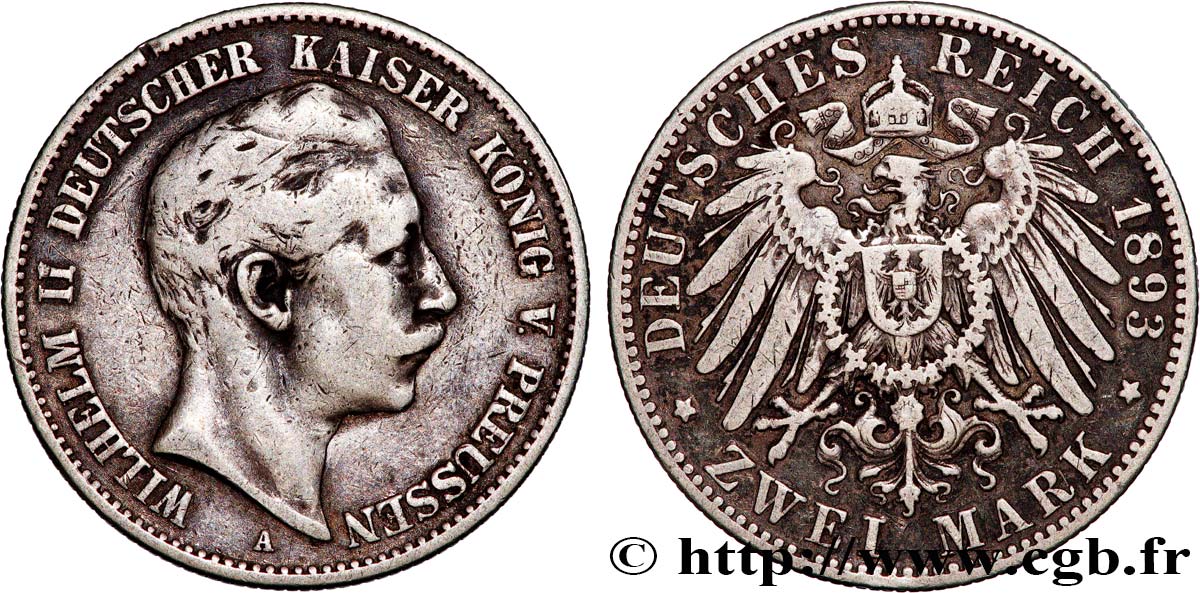 ALEMANIA - PRUSIA 2 Mark Guillaume II 1893 Berlin MBC 