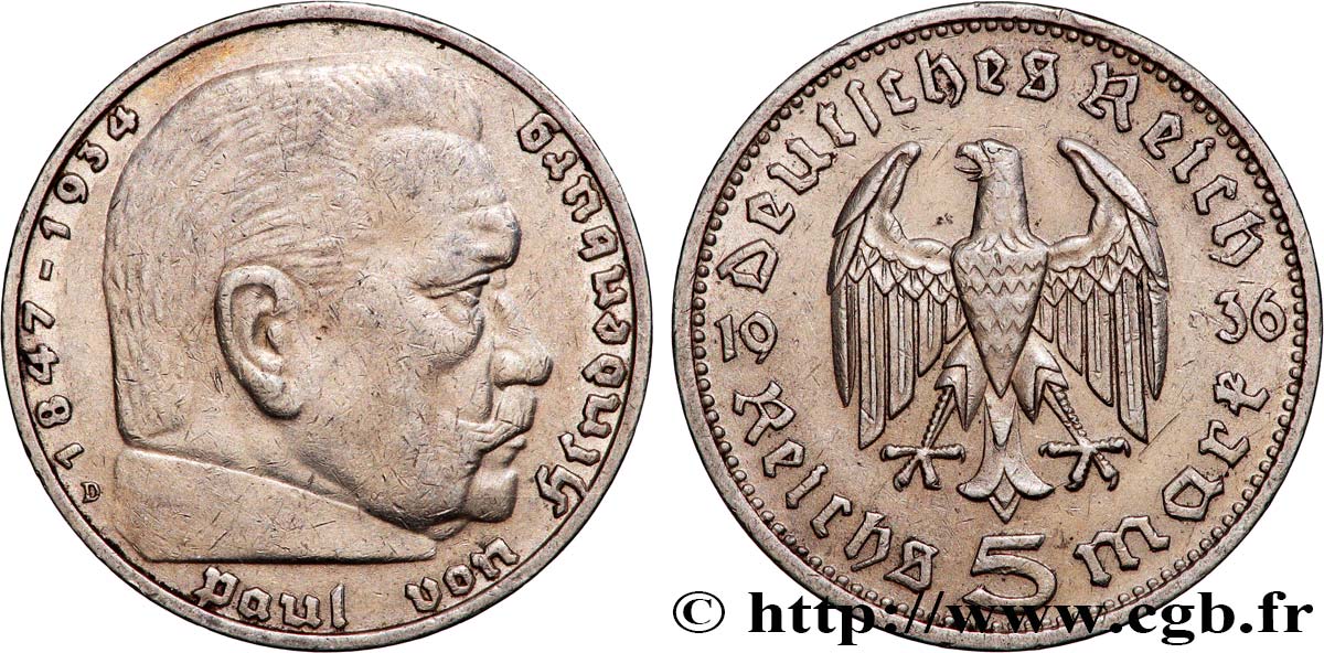 GERMANY 5 Reichsmark Maréchal Paul von Hindenburg 1936 Munich XF 