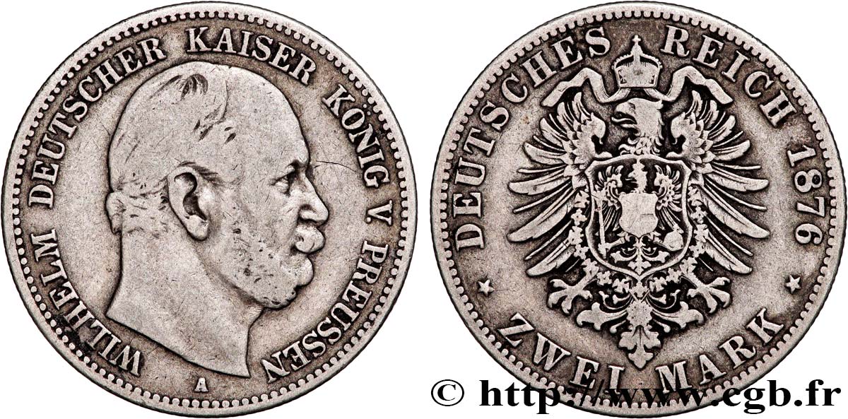 ALLEMAGNE - PRUSSE 2 Mark Guillaume Ier 1876 Berlin TB+ 