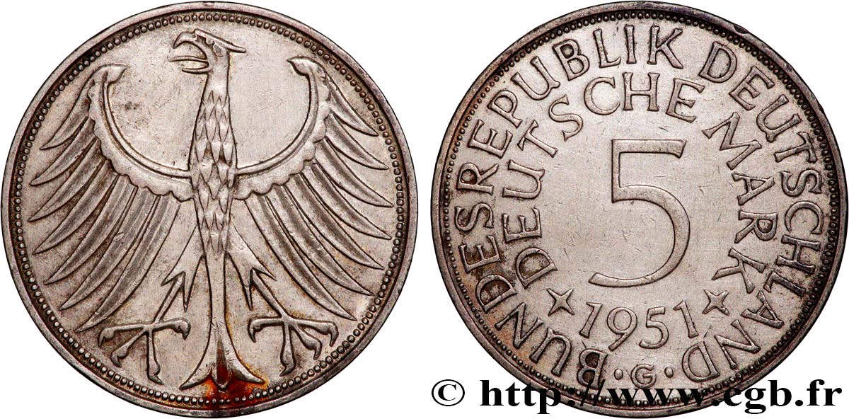 ALLEMAGNE 5 Mark aigle 1951 Karlsruhe TTB 