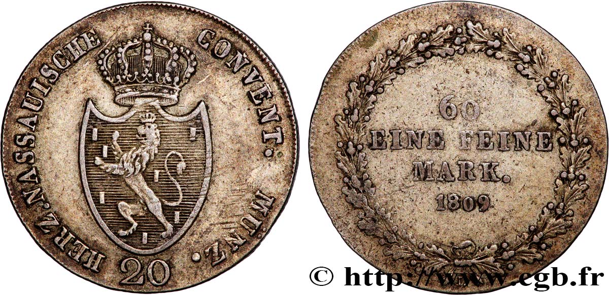 GERMANY - NASSAU 20 Kreuzer  1809  XF 