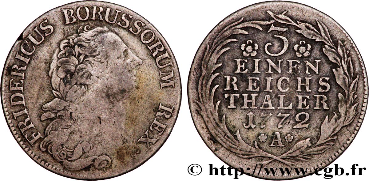 GERMANY - KINGDOM OF PRUSSIA - FREDERICK II THE GREAT 1/3 de Thaler 1772 Berlin VF 