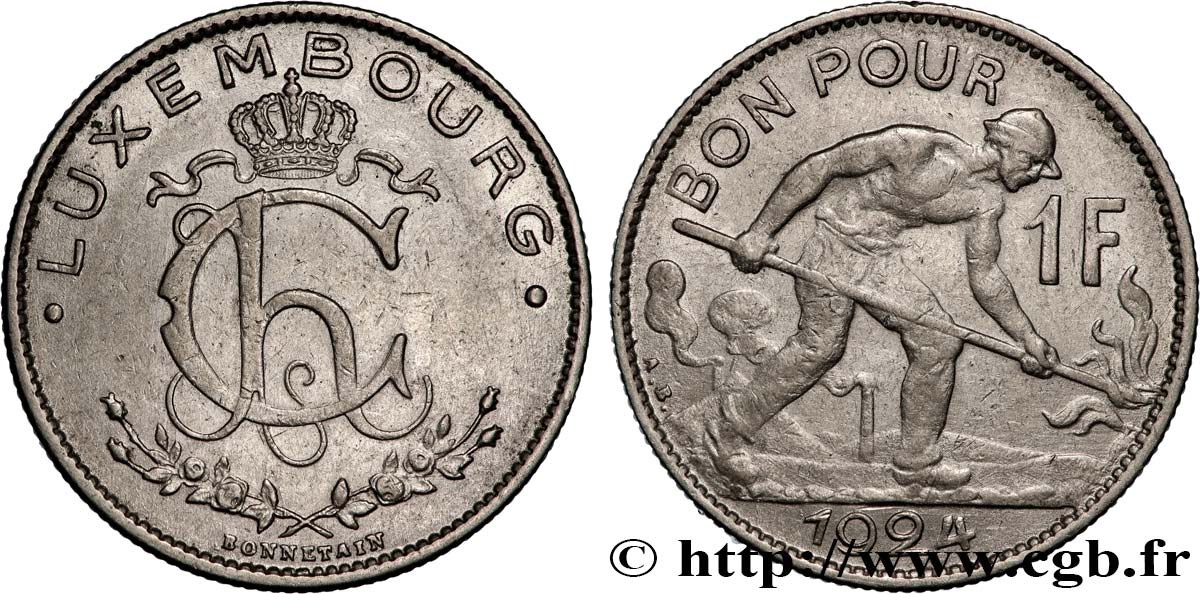 LUXEMBOURG 1 Franc Sidérurgie 1924  AU 