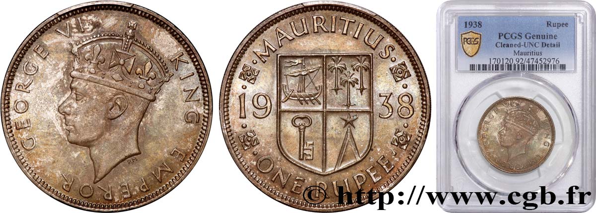 MAURITIUS 1 Rupee (Roupie) Georges V 1938  fST PCGS