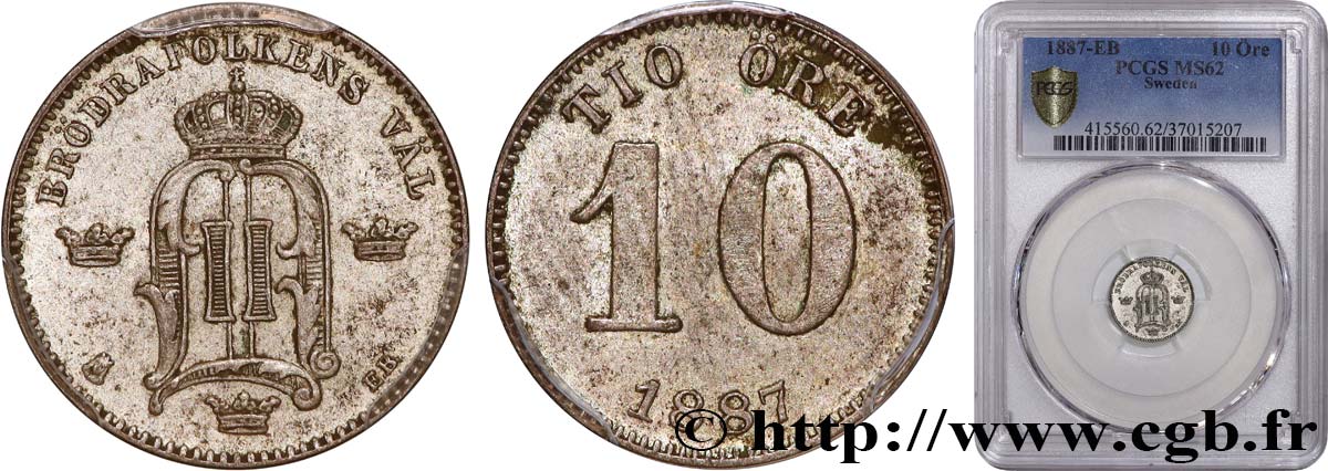 SCHWEDEN - KÖNIGREICH SCHWEDEN - OSKAR II. 10 Ore  1887  VZ62 PCGS