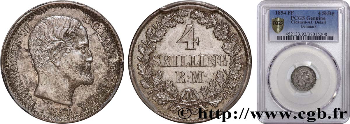 KINGDOM OF DENMARK - FREDERICK VII 4 Skilling  1854 Copenhague AU PCGS