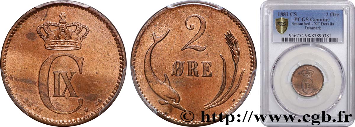 DINAMARCA - REINO DE DINAMARCA  - CRISTIÁN IX 2 Ore  1881 Copenhague MBC PCGS