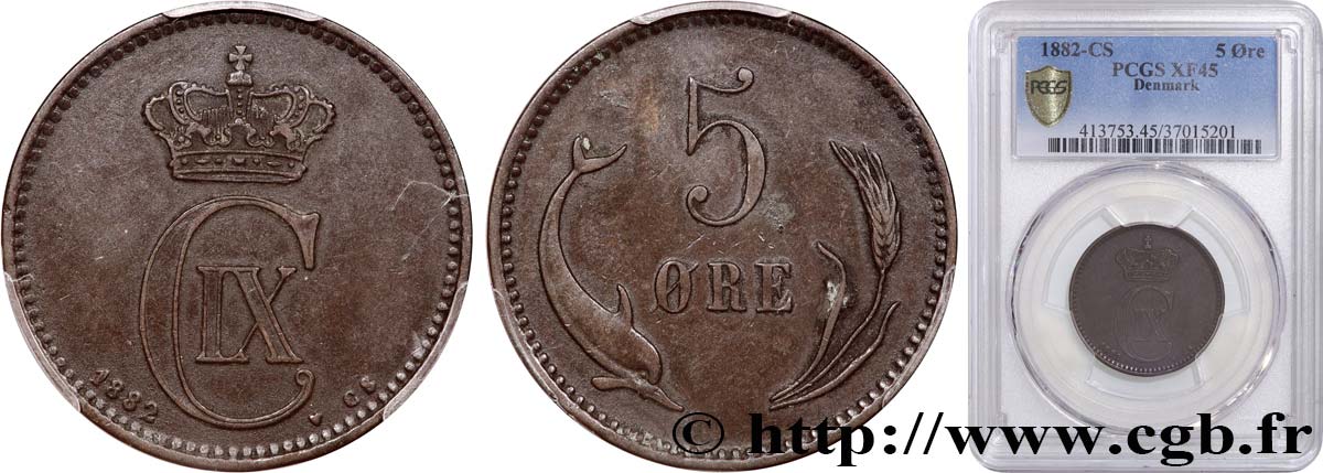 DINAMARCA - REINO DE DINAMARCA  - CRISTIÁN IX 5 Ore  1882 Copenhague MBC45 PCGS