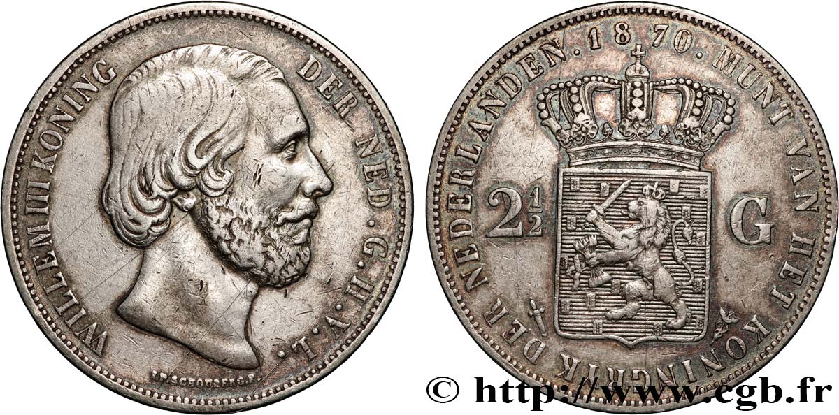NETHERLANDS 2 1/2 Gulden Guillaume III 1870 Utrecht XF 