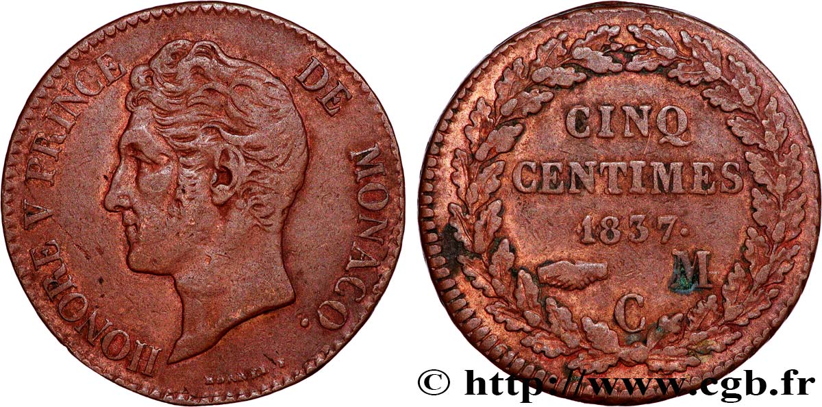 MONACO - HONORE V 5 Centimes petite tête en cuivre rouge 1837 Monaco XF 