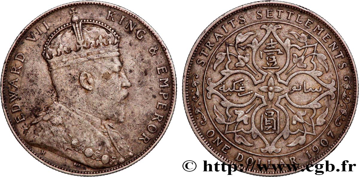 MALASIA - COLONIAS DEL ESTRECHO 1 Dollar Edouard VII 1907 Bombay BC+ 