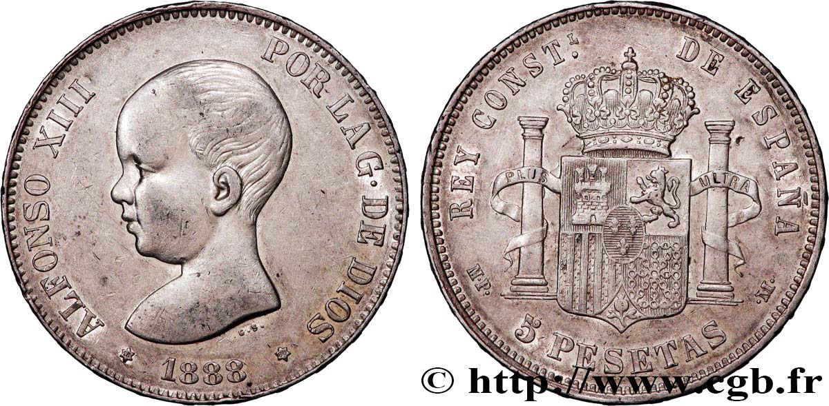 ESPAÑA - REINO DE ESPAÑA - ALFONSO XIII 5 Pesetas 1er type 1888 Madrid MBC+ 