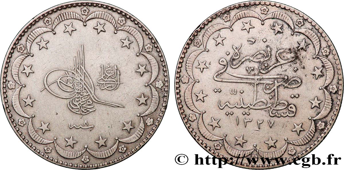 TURQUíA 20 Kurush au nom de Mehmed V Resad AH1327 an 8 1916 Constantinople MBC 