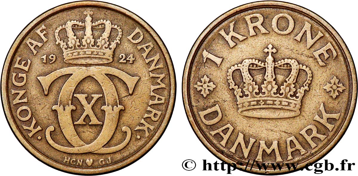 DENMARK - KINGDOM OF DENMARK - CHRISTIAN X 1 Krone Christian X 1924 Copenhague XF 