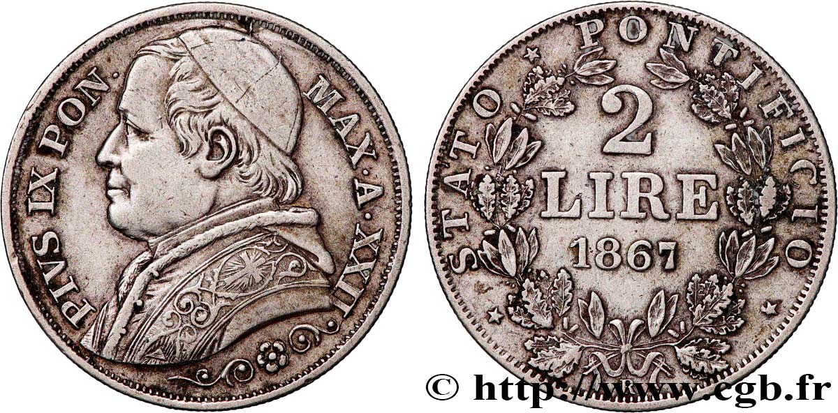 VATICAN AND PAPAL STATES 2 Lire Pie IX an XXII 1867 Rome XF 