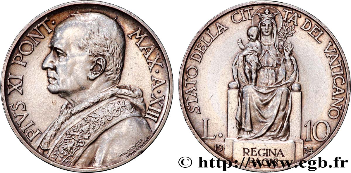 VATIKANSTAAT UND KIRCHENSTAAT 10 Lire Pie XI anno XIII 1934 Rome fVZ 