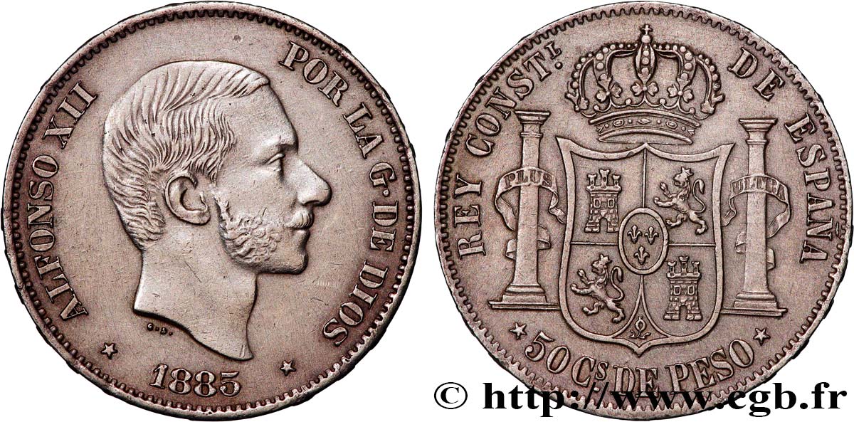 PHILIPPINEN 50 Centimos de Peso Alphonse XII 1885 Manille fVZ 