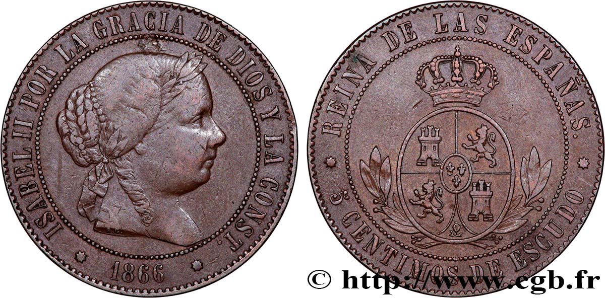 ESPAÑA 5 Centimos de Escudo Isabelle II 1866 Barcelone MBC 