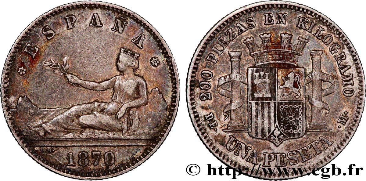 SPANIEN 1 Peseta “ESPAÑA” (1873) 1870 Madrid SS 