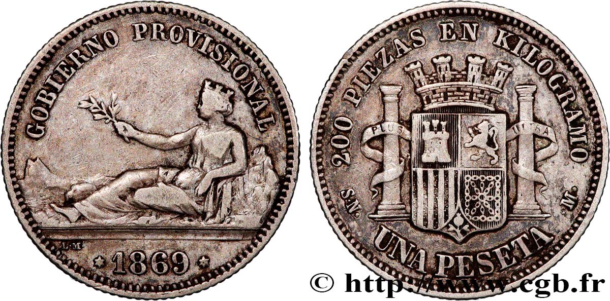 SPANIEN 1 Peseta monnayage provisoire avec mention “Gobierno Provisional” 1869 Madrid fSS/SS 