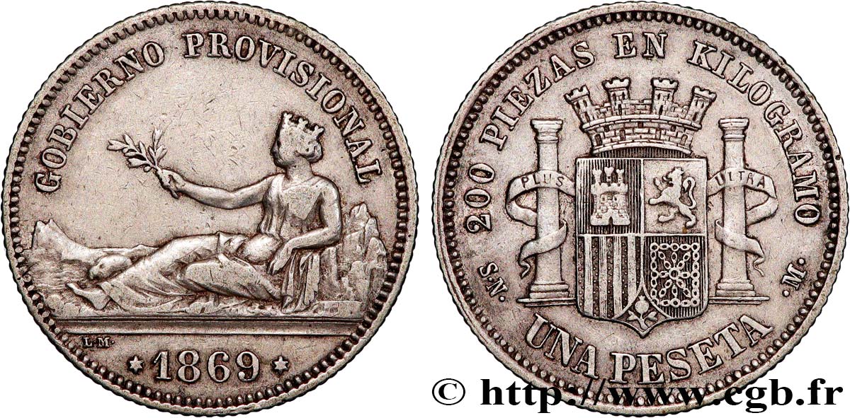 ESPAGNE 1 Peseta monnayage provisoire avec mention “Gobierno Provisional” 1869 Madrid TTB 