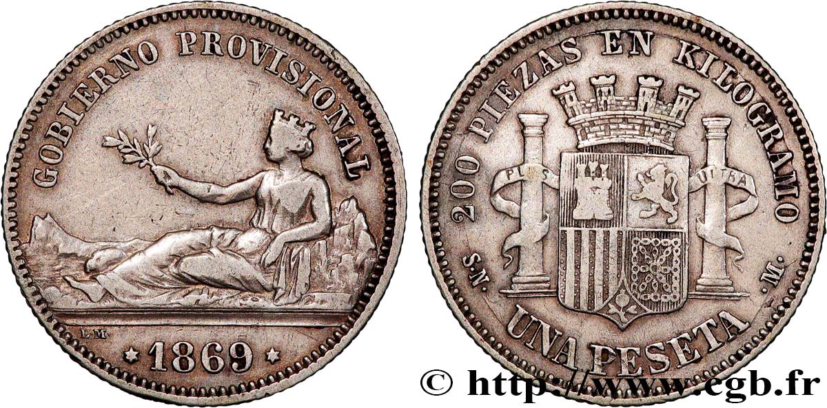 SPAIN 1 Peseta monnayage provisoire avec mention “Gobierno Provisional” 1869 Madrid VF/XF 