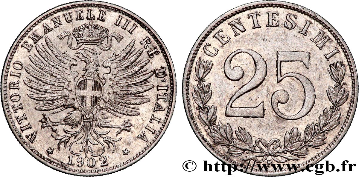 ITALY - KINGDOM OF ITALY - VICTOR-EMMANUEL III 25 Centesimi 1902 Rome XF 