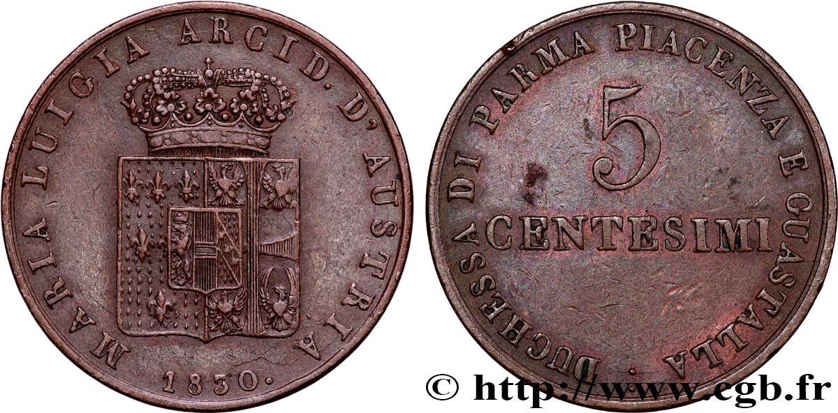 ITALIA - DUCADO DE PARMA PIACENZA Y GUASTALLA - MARÍA LUISA DE AUSTRIA 5 Centesimi  1830 Milan MBC 