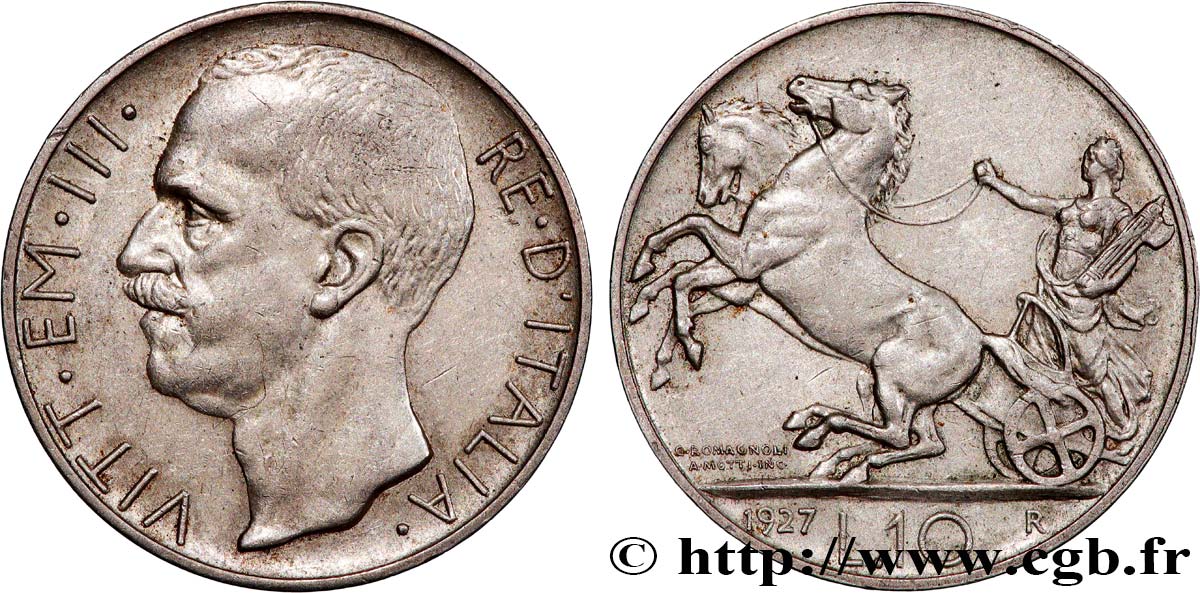 ITALIA 10 Lire Victor Emmanuel III 1927 Rome MBC+ 