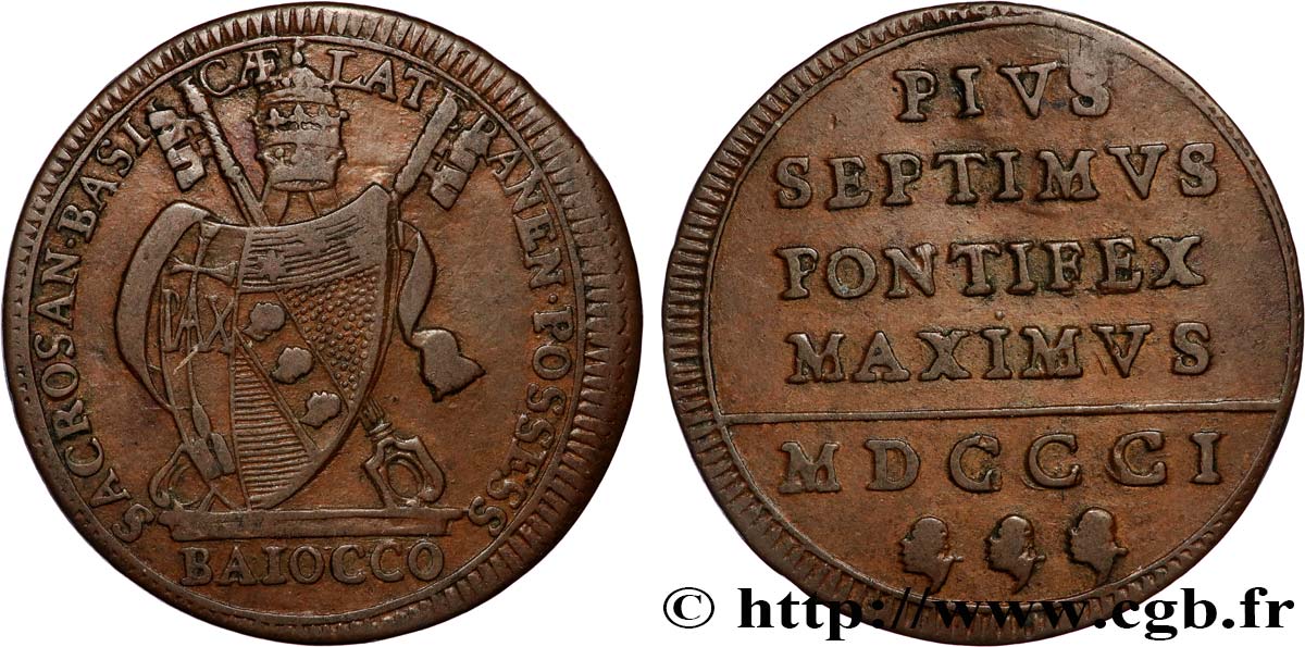 ITALIE - ÉTATS DU PAPE - PIE VII (Barnaba Chiaramonti) 1 Baiocco 1801 Rome TTB 