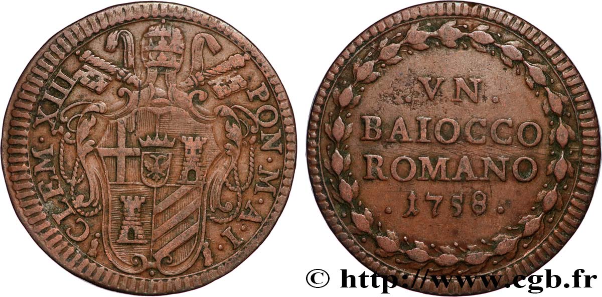 VATICANO Y ESTADOS PONTIFICIOS 1 Baiocco au nom de Clément XIII an I 1758 Rome MBC 