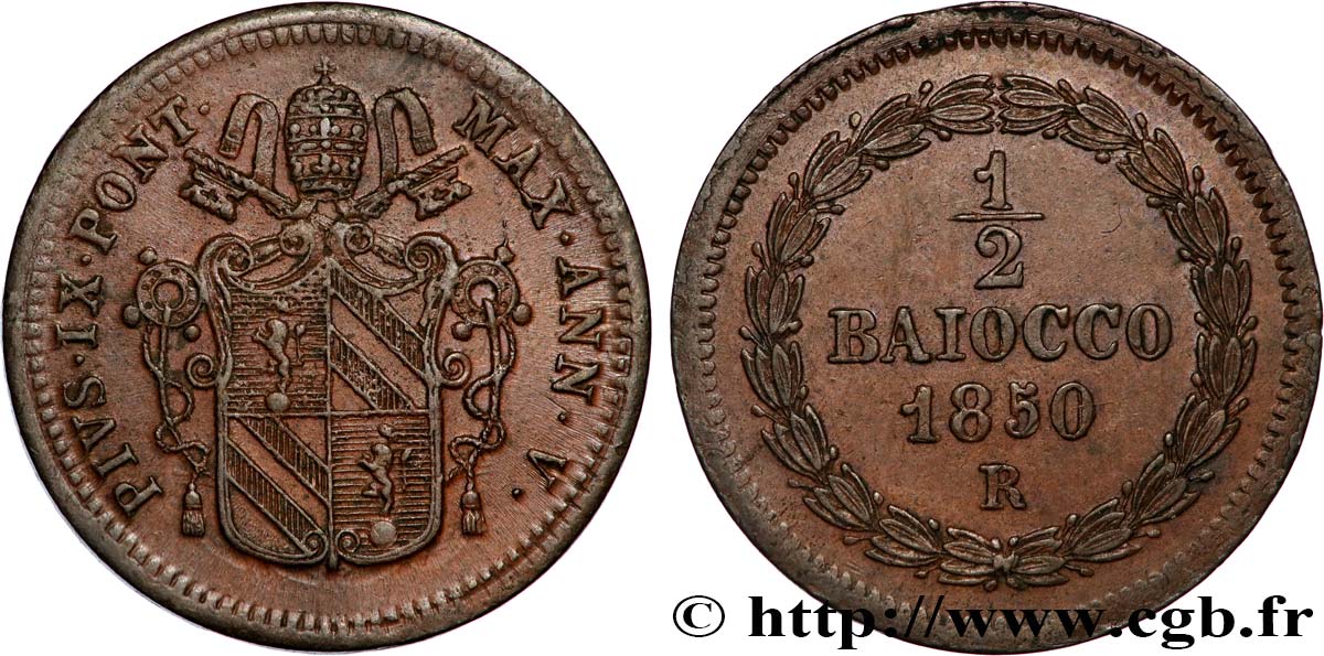 VATICAN - PIUS IX (Giovanni Maria Mastai Ferretti) 1/2 Baiocco Pie IX an V 1850 Rome XF 