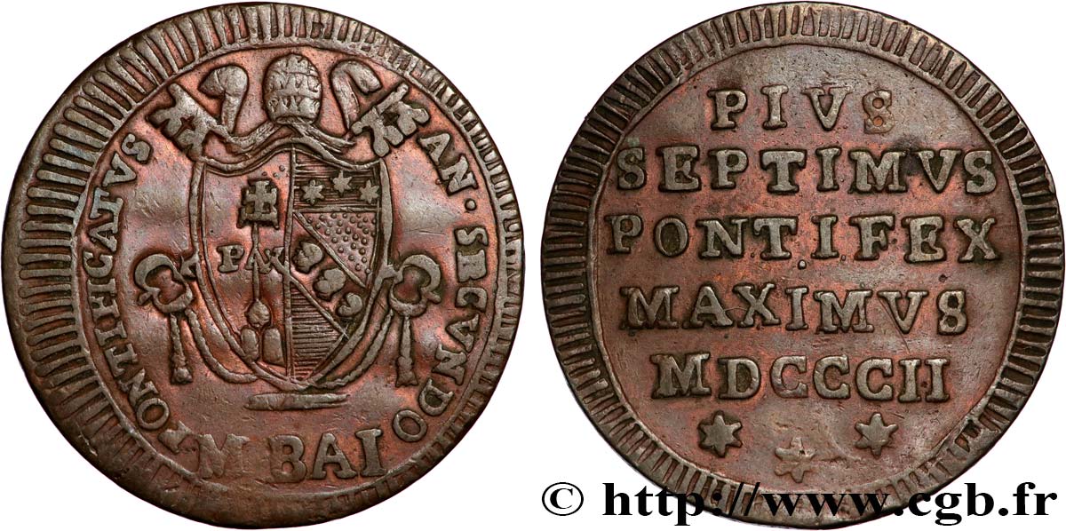 ITALY - PAPAL STATES - PIUS VII (Barnaba Chiaramonti) 1/2 Baiocco an II 1802 Rome XF 