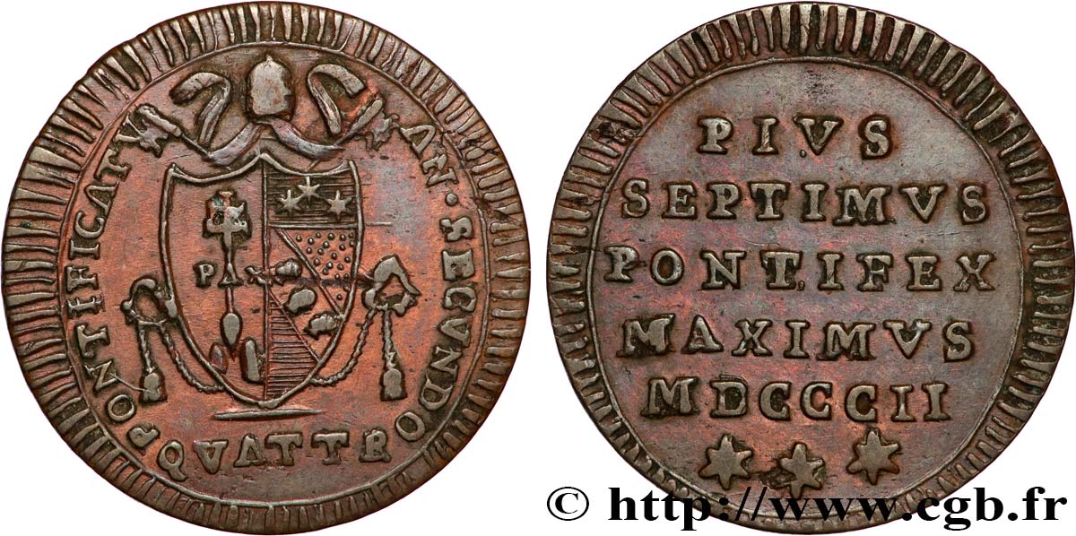 VATICAN ET ÉTATS PONTIFICAUX 1 Quattrino Pie VII an II 1802 Rome TTB 