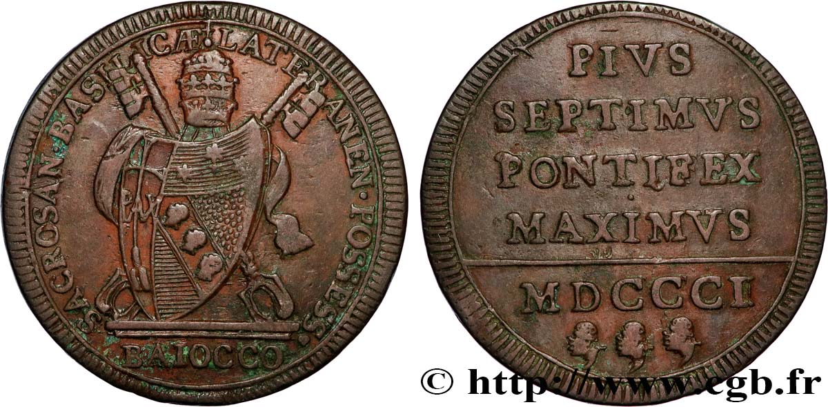 ITALY - PAPAL STATES - PIUS VII (Barnaba Chiaramonti) 1 Baiocco 1801 Rome XF 