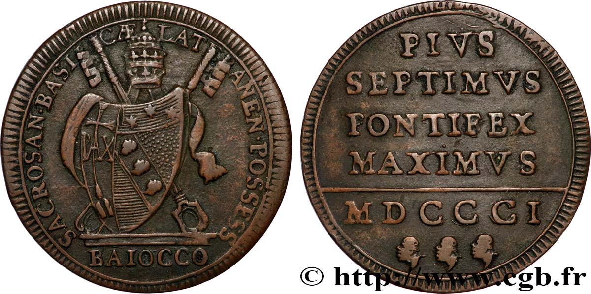 ITALIE - ÉTATS DU PAPE - PIE VII (Barnaba Chiaramonti) 1 Baiocco 1801 Rome TTB 