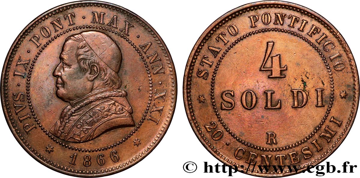 VATICAN AND PAPAL STATES 4 Soldi Pie IX  an XXI 1866 Rome XF 