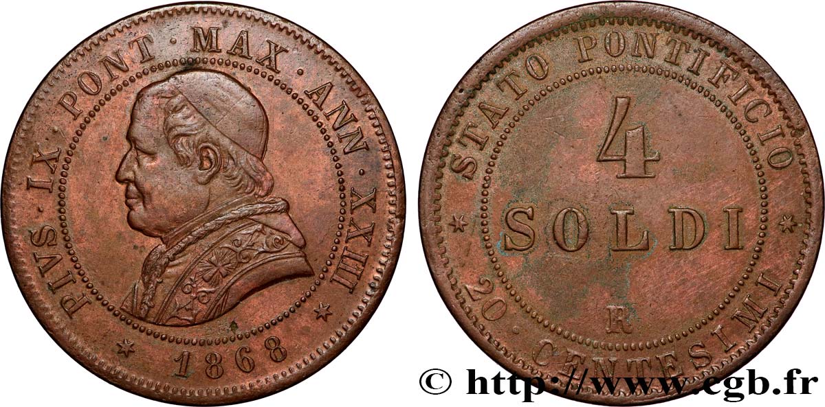 VATICAN ET ÉTATS PONTIFICAUX 4 Soldi (20 Centesimi) 1868 Rome TTB 