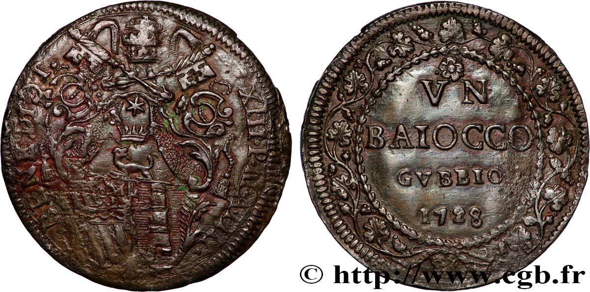 VATICAN ET ÉTATS PONTIFICAUX 1 Baiocco Ville de Gubbio, armes du vatican frappée au nom de Benoît XIII an V 1728 Gubbio TB 