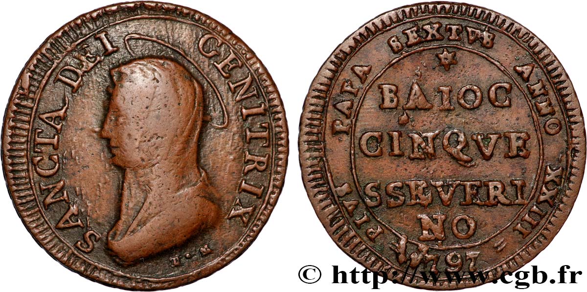 VATICAN ET ÉTATS PONTIFICAUX 5 Baiocchi 1797 Rome TTB 