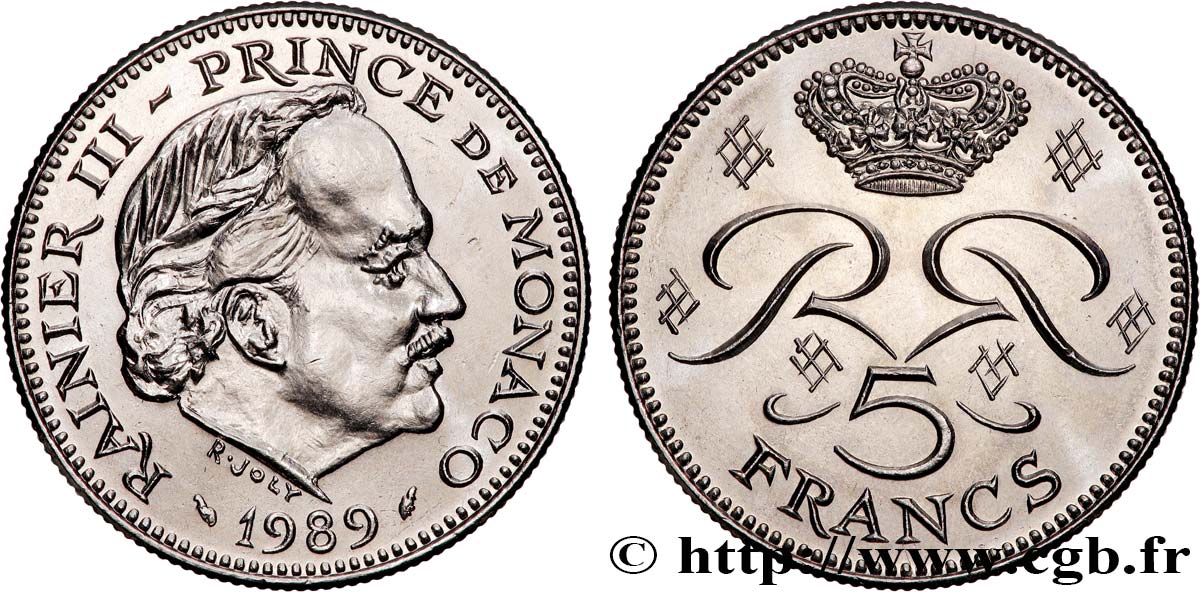 MONACO 5 Francs Rainier III 1989 Paris AU 