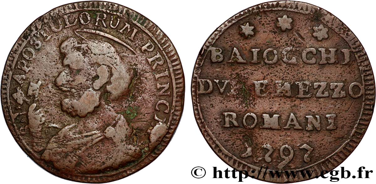 VATICAN ET ÉTATS PONTIFICAUX 2 1/2 Baiocchi St Pierre 1797 Rome TB+ 